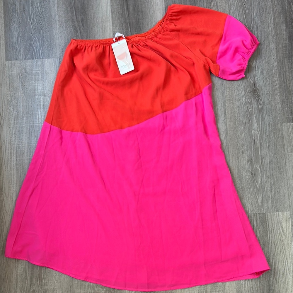 Vibrant Red and Pink One-Shoulder A-Line Dress